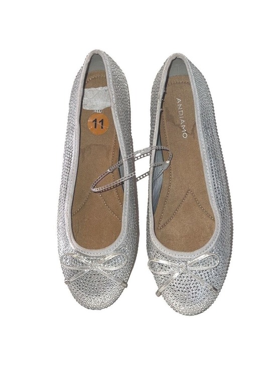 Andiamo Shoes - Andiamo Silver Rhinestone Flats with Bow, Size 11,  (T2)